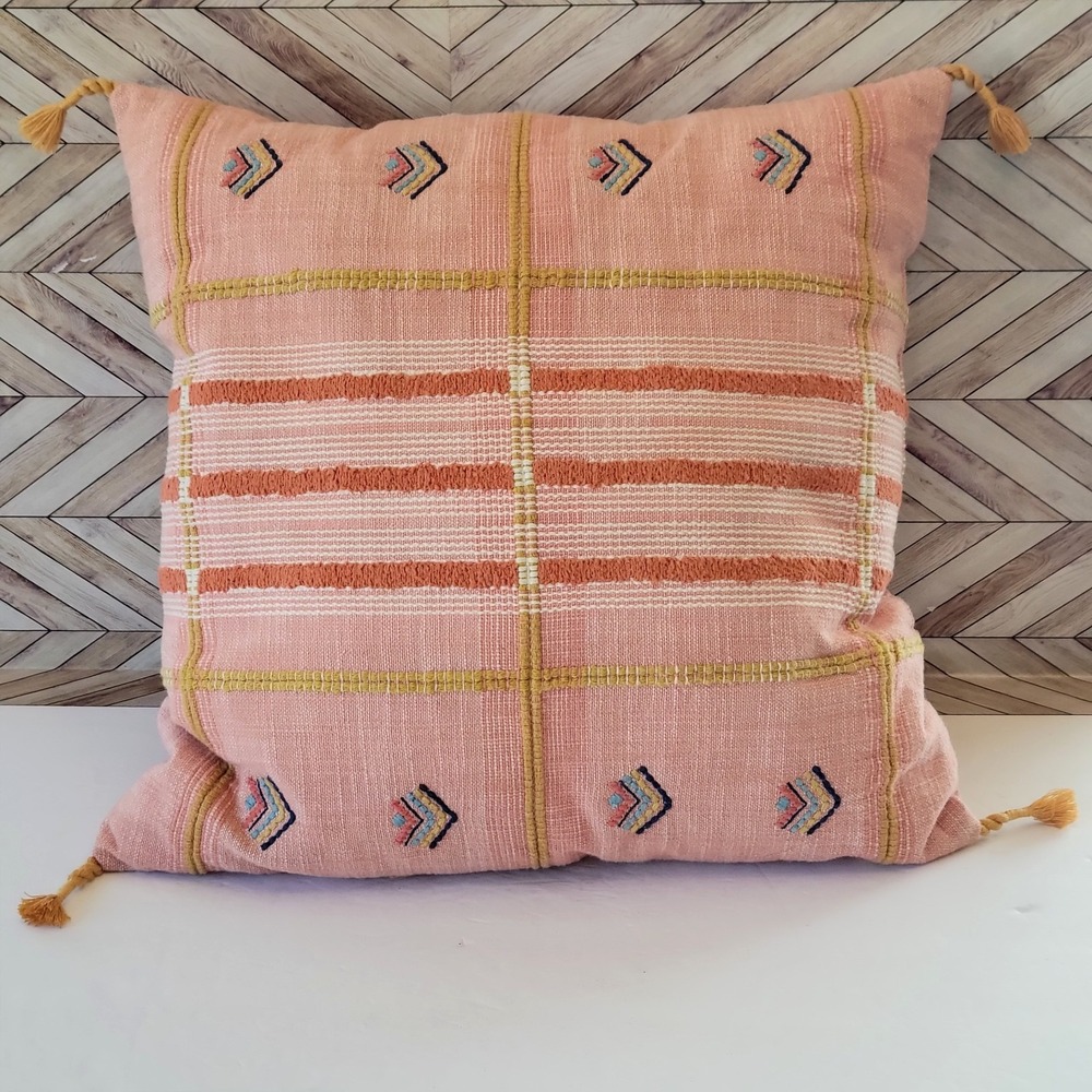 Throw Pillow Embroidered Peach Boho Moroccan Style 16x 14" Tassel Accent Decor